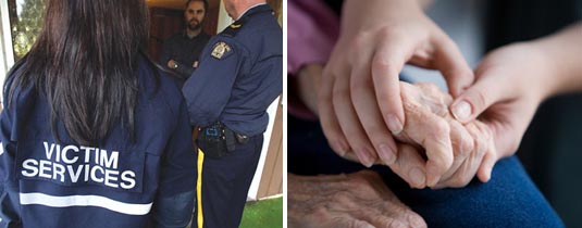 Victim service workers visiting a house and comforting hands