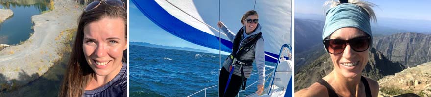 collage of three female dispatchers on their free time hiking and sailing